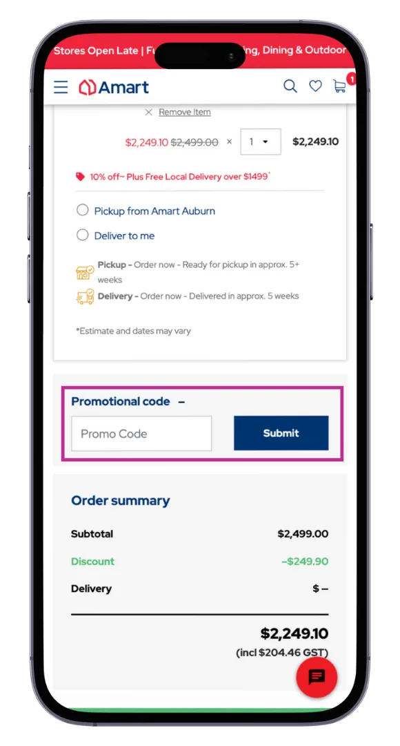 Amart promo code field at the checkout