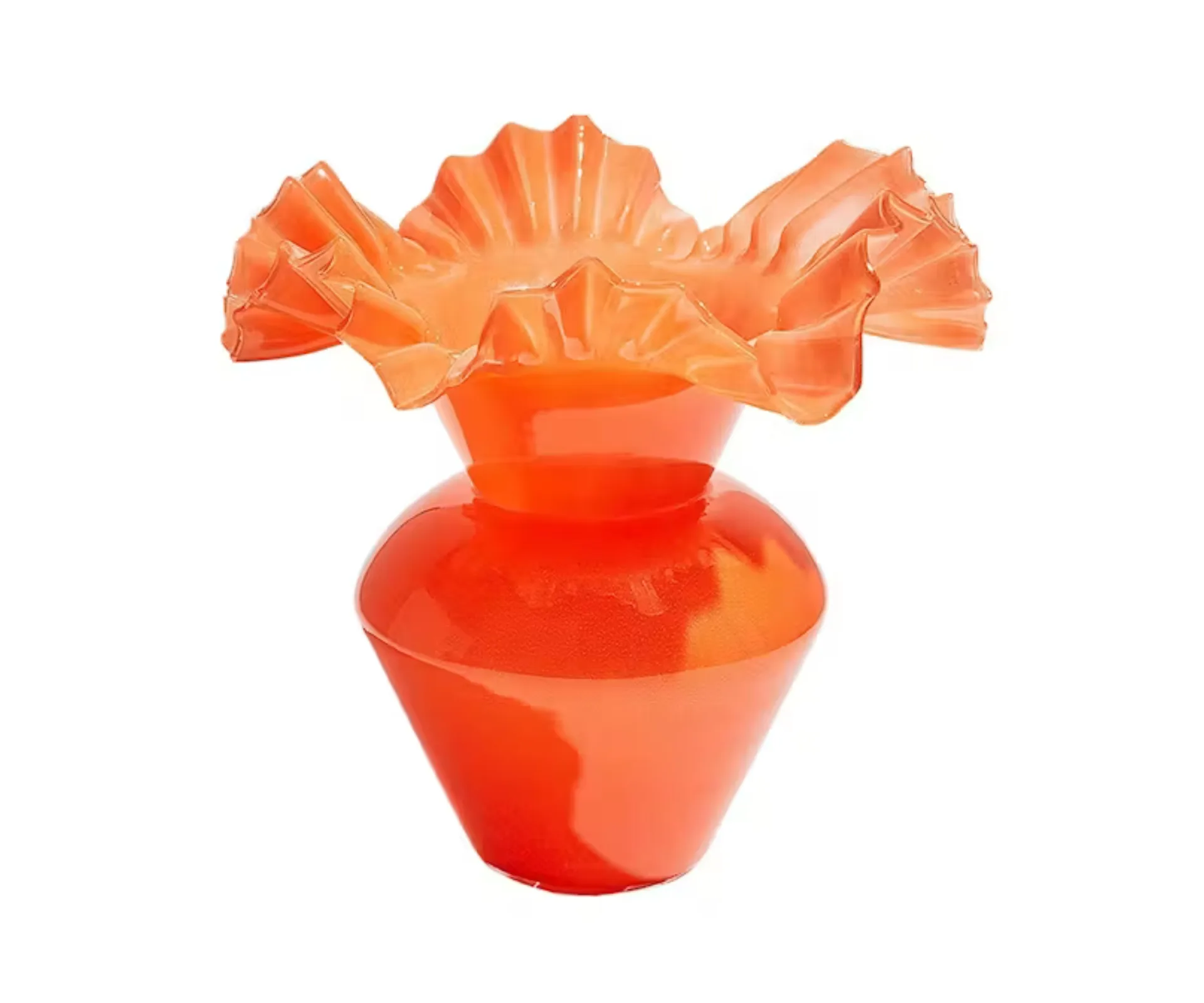 aphrodite vase in bright orange with ruffled glass feature on top