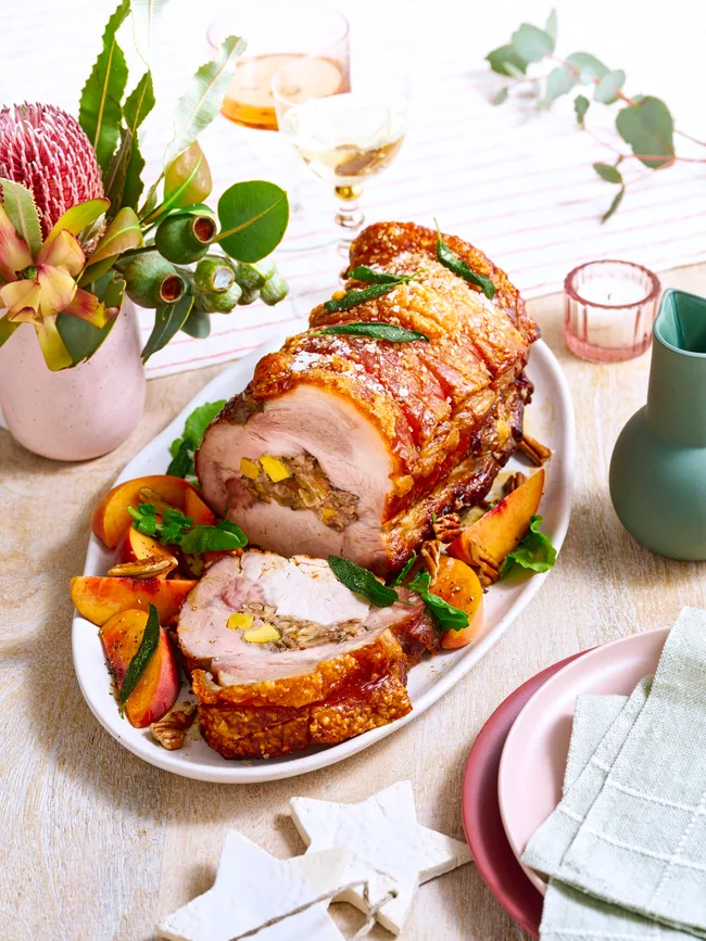 air fryer pork with peach and pecan stuffing