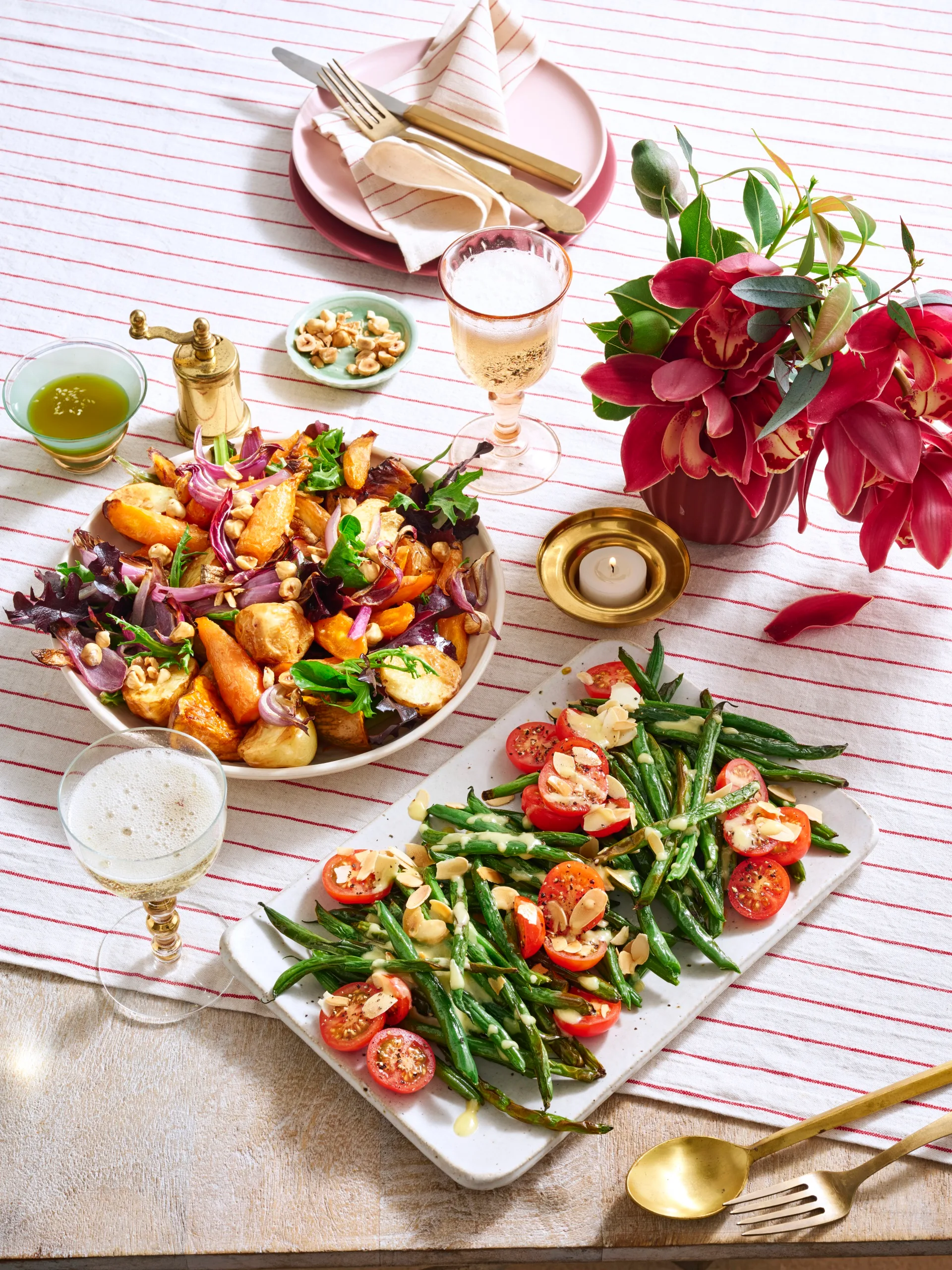 Air fryer vegie salad with toasted hazlenuts and air fried crispy beans and almonds with roast garlic dressing