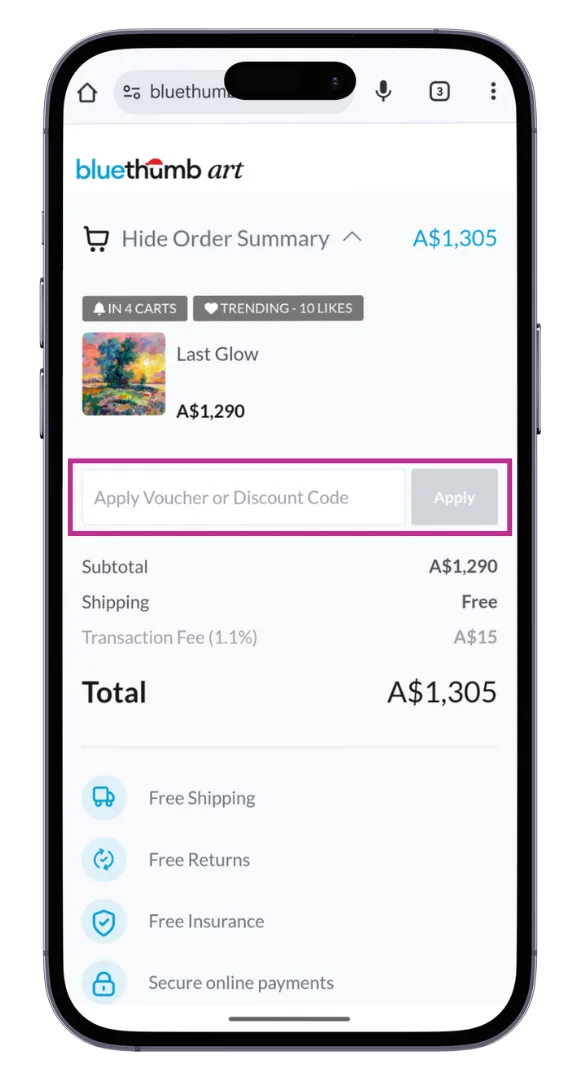 Bluethumb discount code field at the checkout