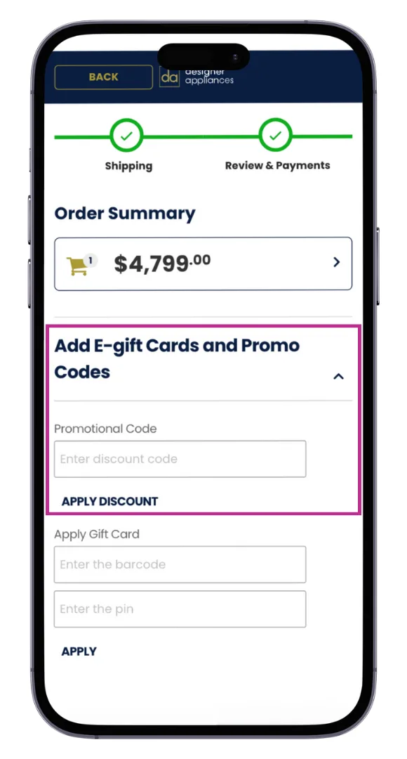 Designer Appliances discount code field at the checkout on mobile