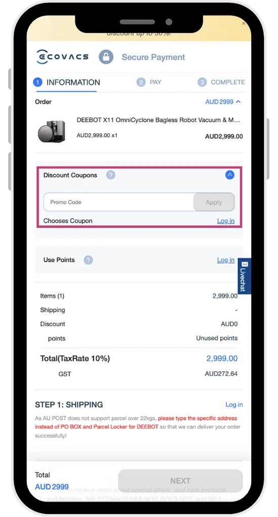 The ECOVACS discount code field at the checkout