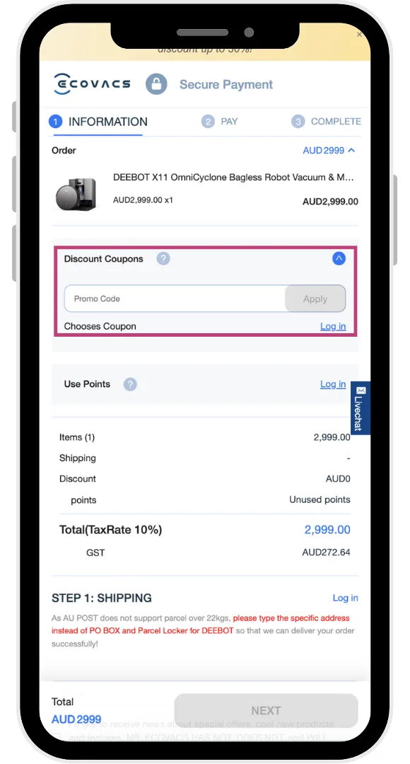 The ECOVACS discount code field at the checkout