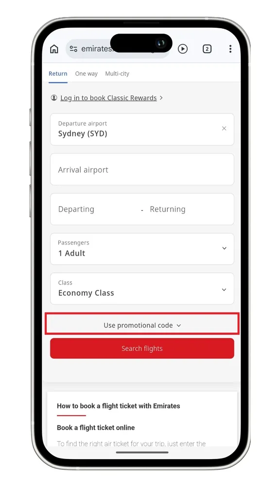 An Emirates discount code can be added during a flight search by clicking on the 'Use promotional code' text.