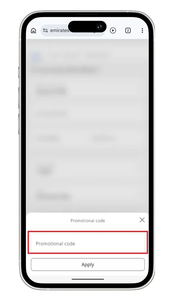 The field to enter your Emirates discount code during a flight search appears after you select the promotional code option during your search.