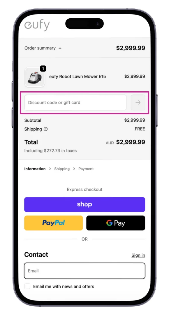 The eufy discount code field at checkout