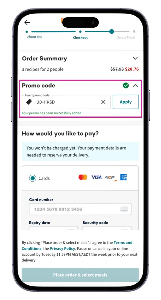 A screenshot of where to apply an EveryPlate discount code.