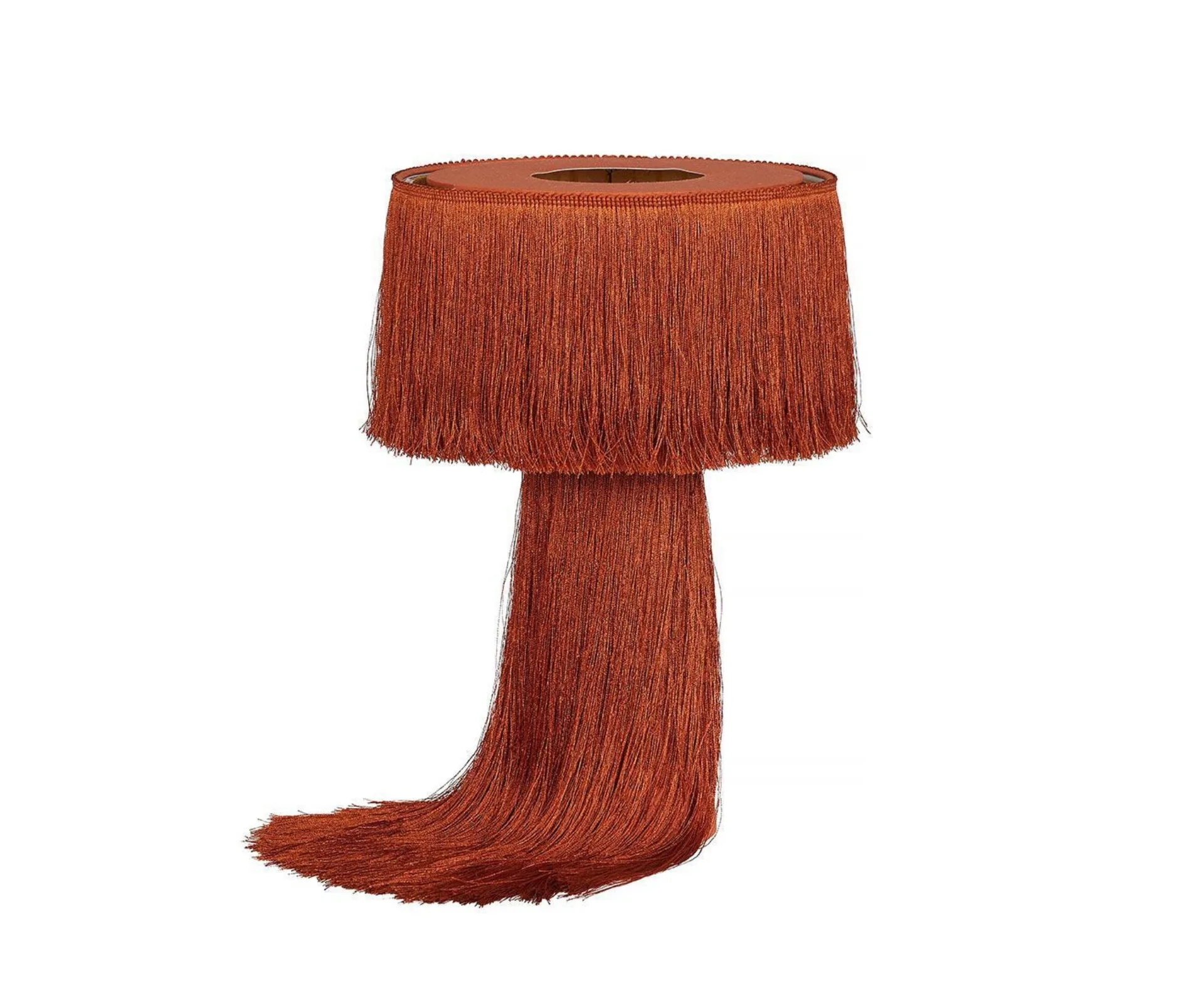 burnt orange lamp made from hundreds of tiny tassles from fenton and fenton