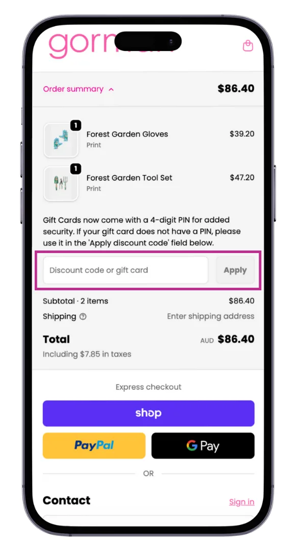 Gorman discount code field at checkout