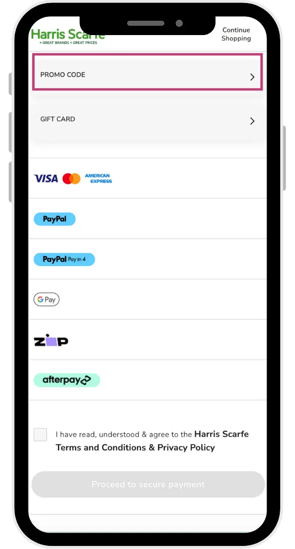 The Harris Scarfe promo code field at the checkout
