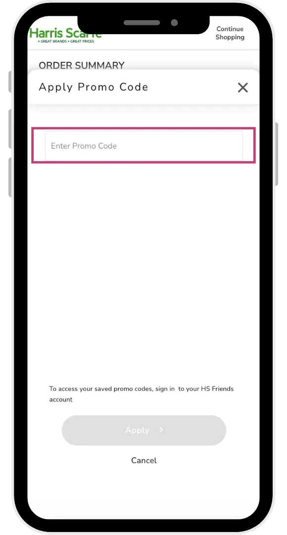 Harris Scarfe promo code: after clicking on the text for it, this field appears where you can enter the code and select 'Apply' to update your order.