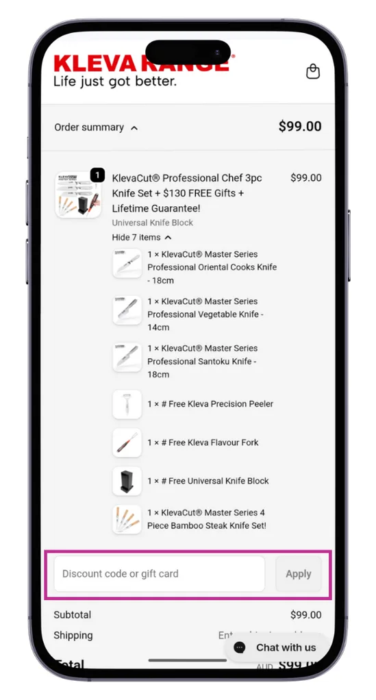 The Kleva Range discount code field at checkout
