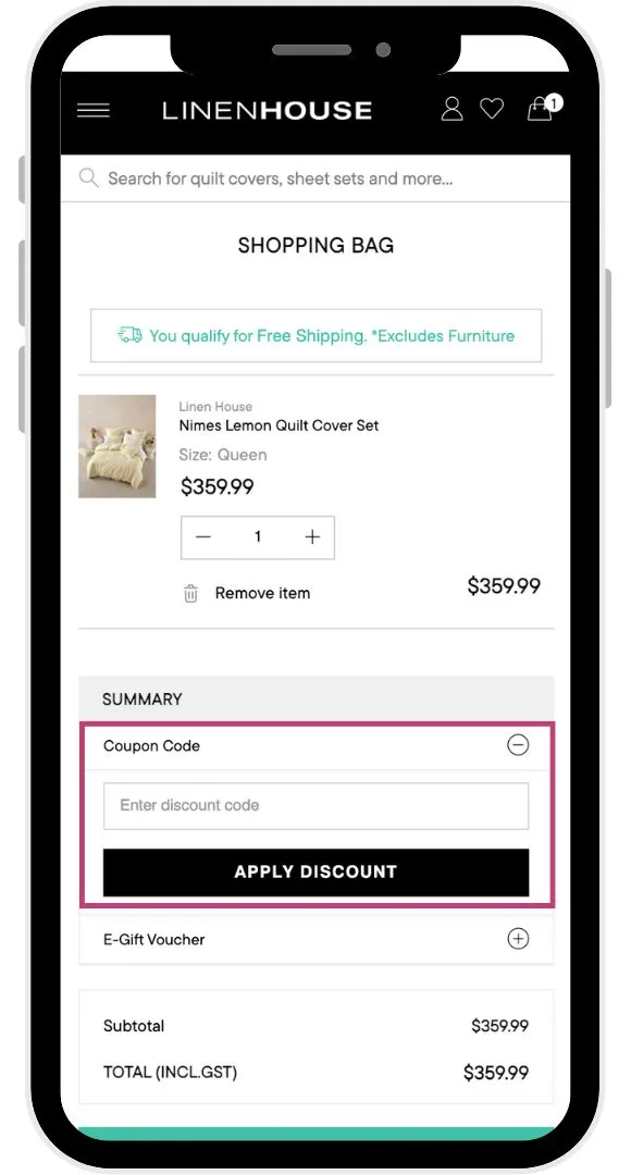 The Linen House discount code field at the checkout is revealed after clicking where it says 'Coupon Code' in the summary section of the checkout.