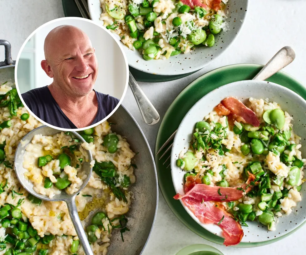 Broad bean risotto recipe by chef Matt Moran. Matt Moran portrait inset.