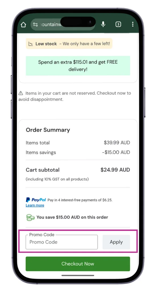The Mountain Warehouse discount code field at the checkout