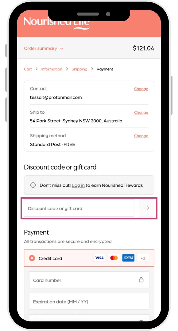 Nourished Life discount code field at the checkout
