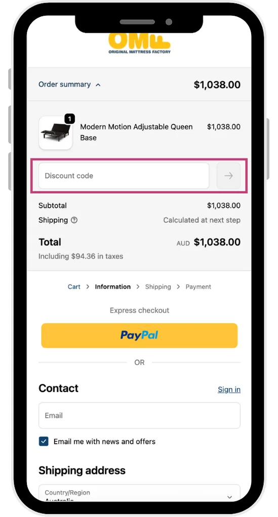 Original Mattress Factory discount code field at the checkout