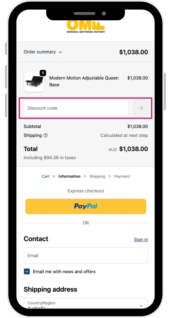 Original Mattress Factory discount code field at the checkout