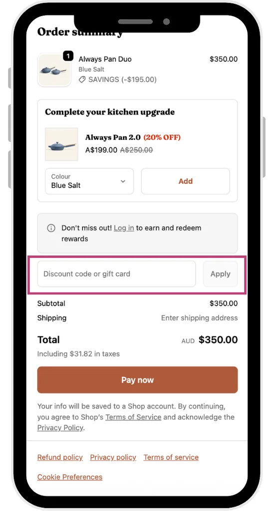 The Our Place discount code field at the checkout
