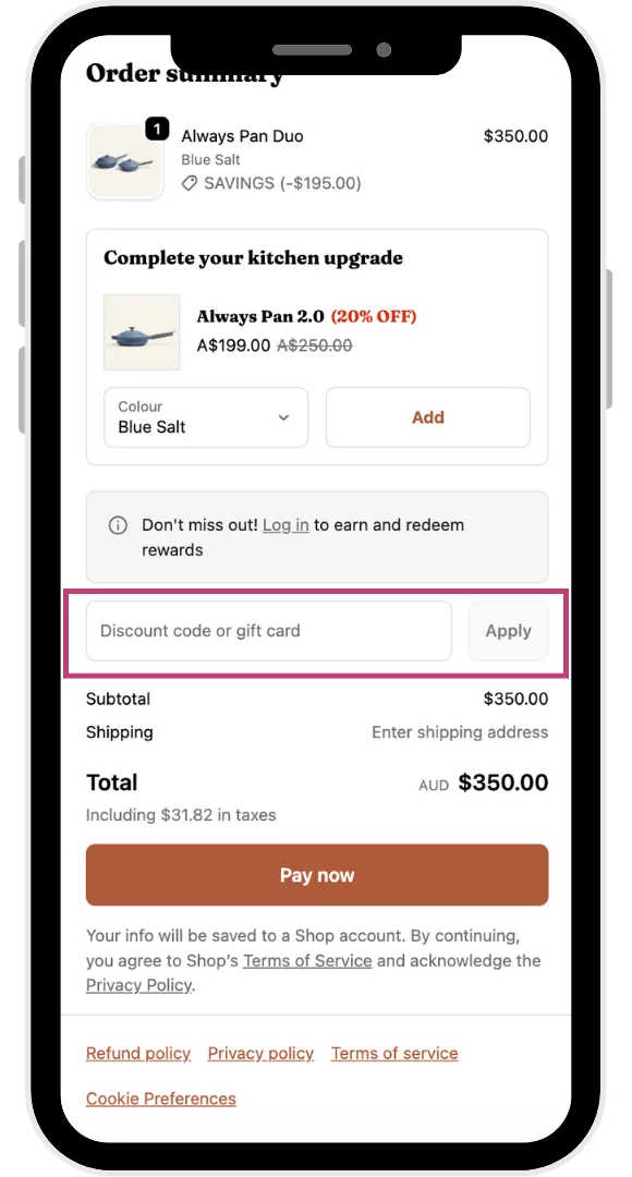 The Our Place discount code field at the checkout