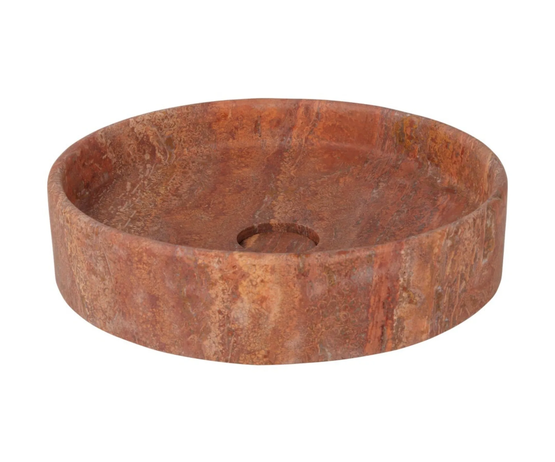 round sink basin made from red travertine marble