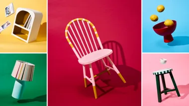 boldly coloured furniture items on brightly coloured backgrounds