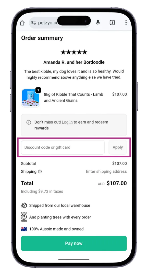 The Petzyo discount code field at the checkout