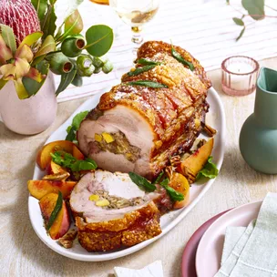air fryer pork with peach and pecan stuffing
