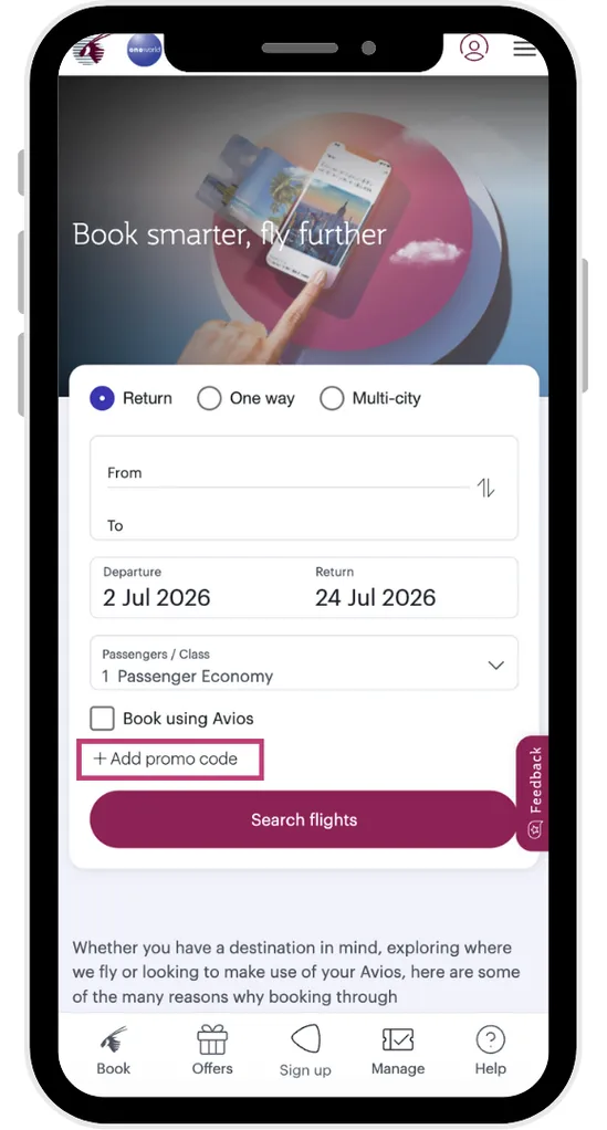 The Qatar Airways discount code field is visible after clicking "Add promo code" before searching for flights.