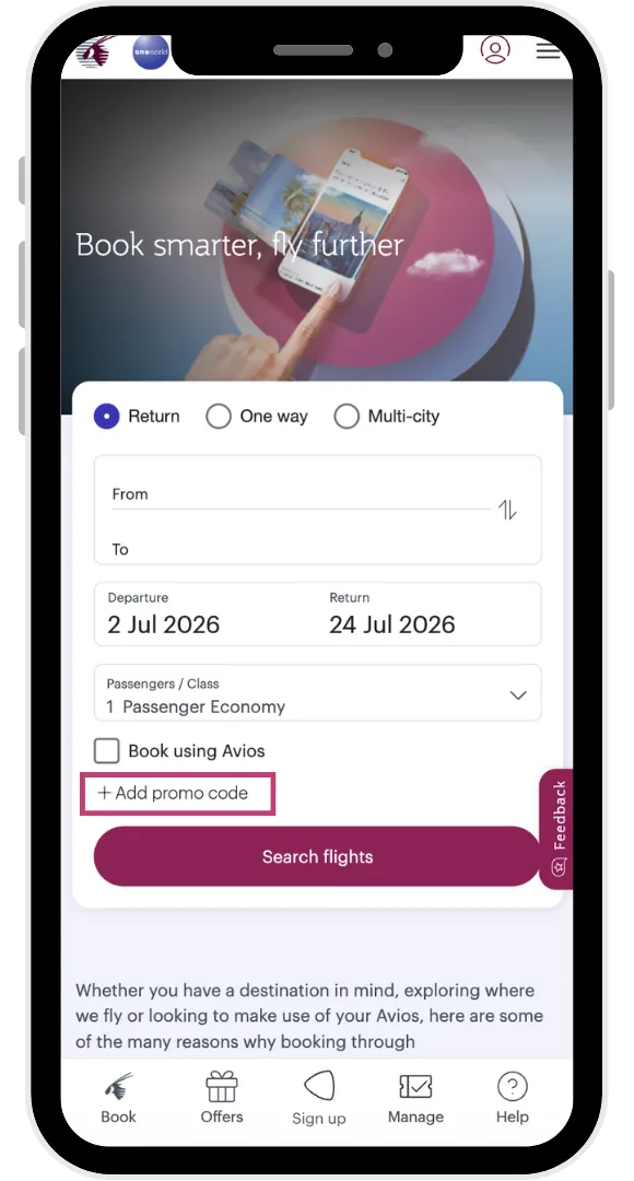 The Qatar Airways discount code field is visible after clicking "Add promo code" before searching for flights.