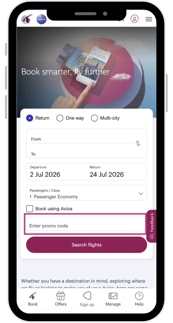 The Qatar Airways discount code field on the booking/flight search page.