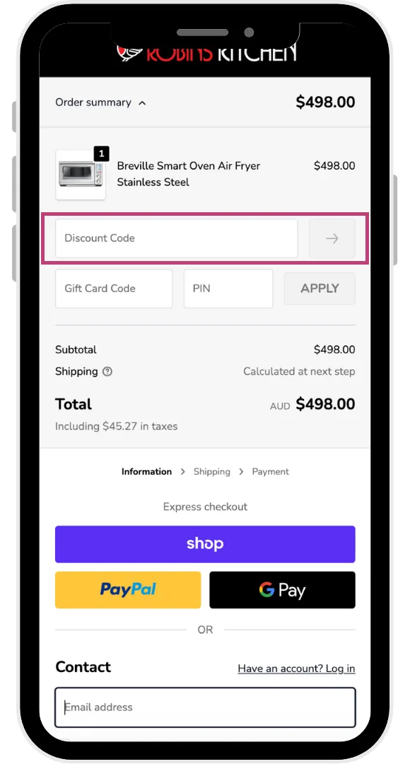 Robins Kitchen discount code field at the checkout