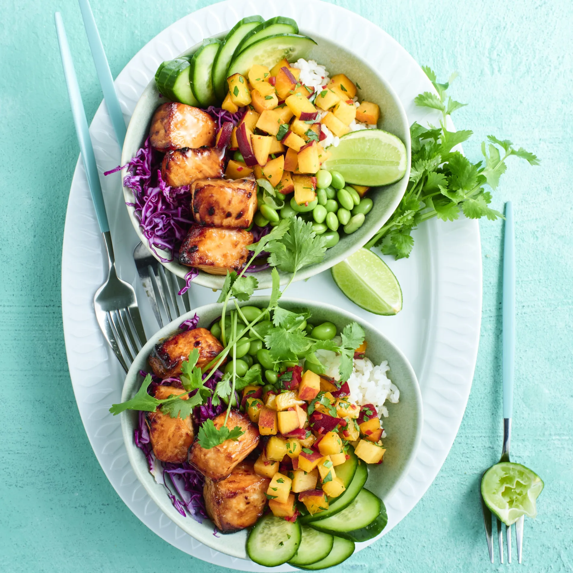 salmon poke bowls with peach salsa