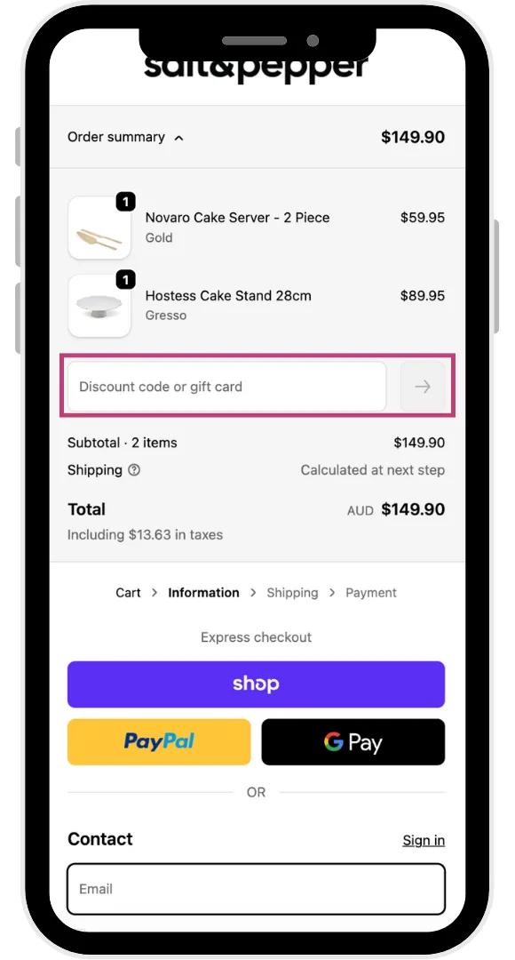 salt and pepper discount code field at the checkout