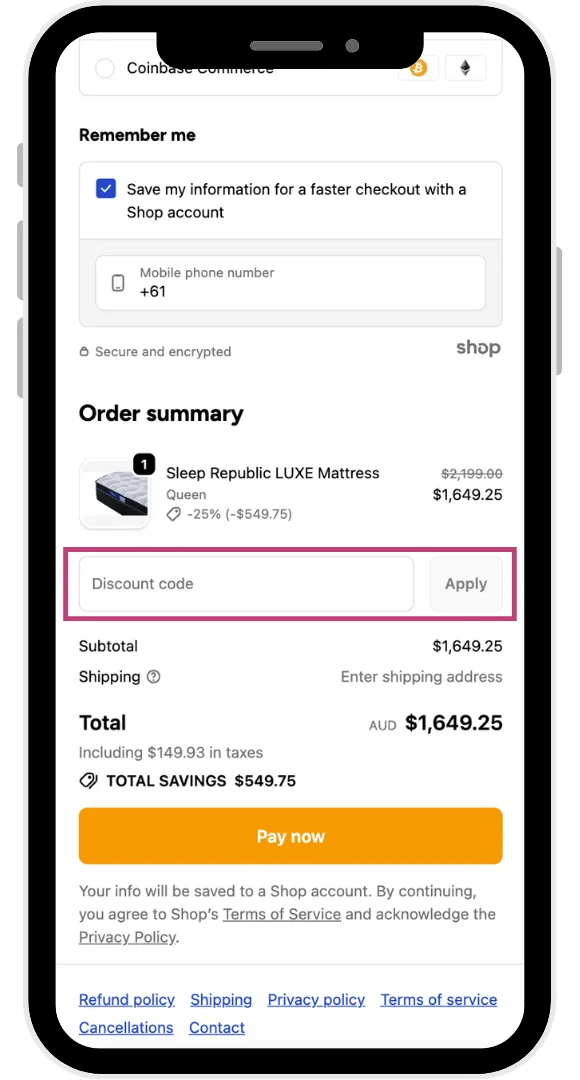 Sleep Republic discount code field at the checkout