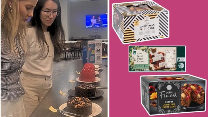 Staff at Better Homes and Gardens taste Christmas cakes from supermarkets Coles, Woolworths and ALDI