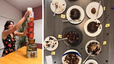 puddings from supermarkets stacked up with girl holding them up and puddings overhead shot hafl eaten with dirty plates around it