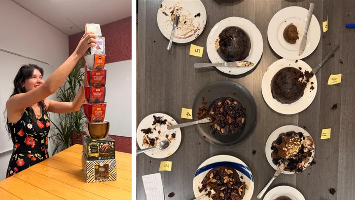 puddings from supermarkets stacked up with girl holding them up and puddings overhead shot hafl eaten with dirty plates around it