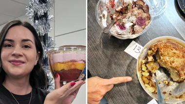 BHG digital editor Tahni Mesann holding a bowl of trifle up to the camera, inset, two bowls of trifle on a bench with a hand pointing at one of them.