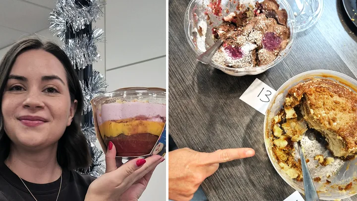 BHG digital editor Tahni Mesann holding a bowl of trifle up to the camera, inset, two bowls of trifle on a bench with a hand pointing at one of them.