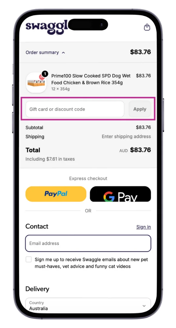 Swaggle discount code field at the checkout