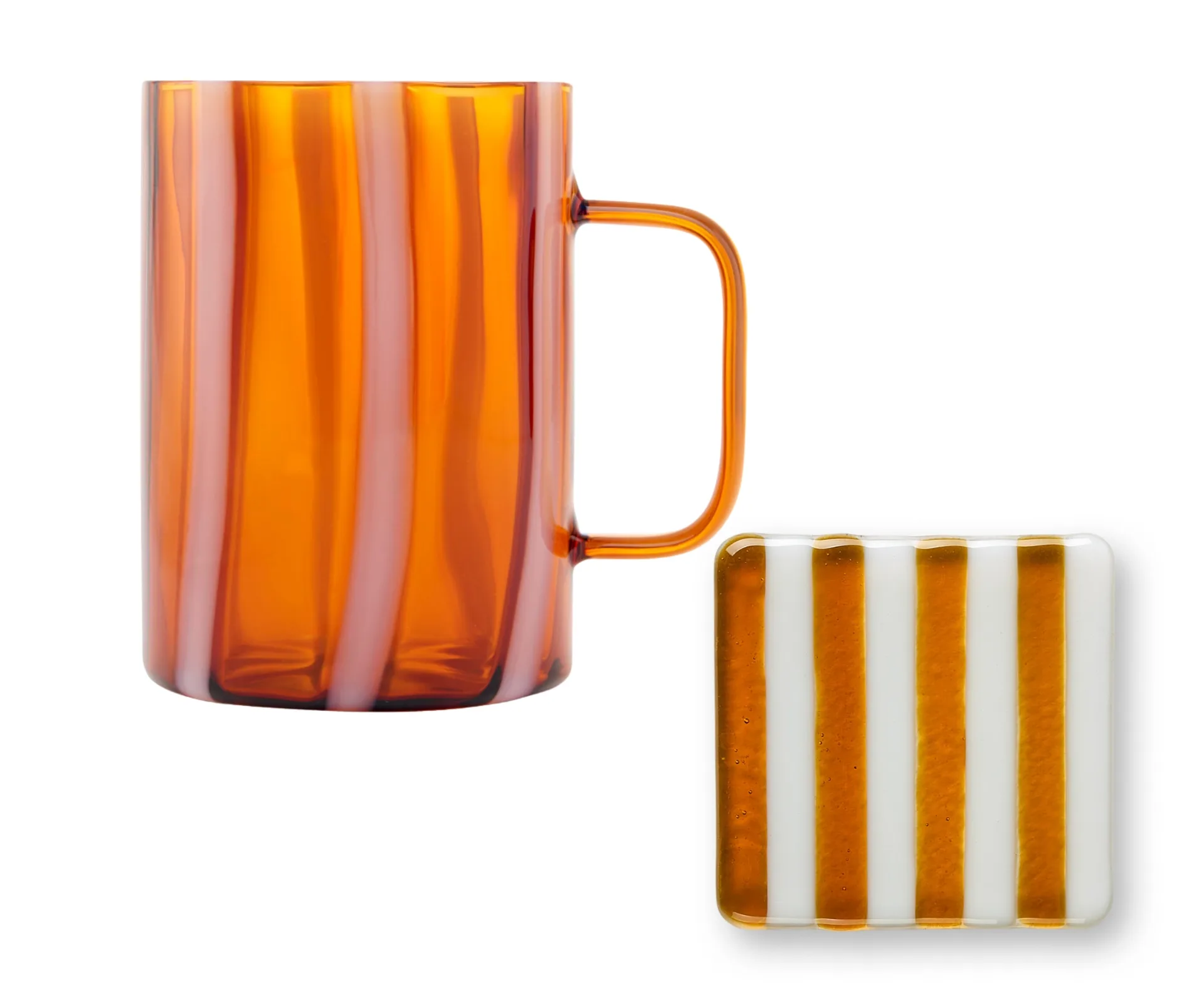 glass mug and coaster handblown with orange and milky white stripe
