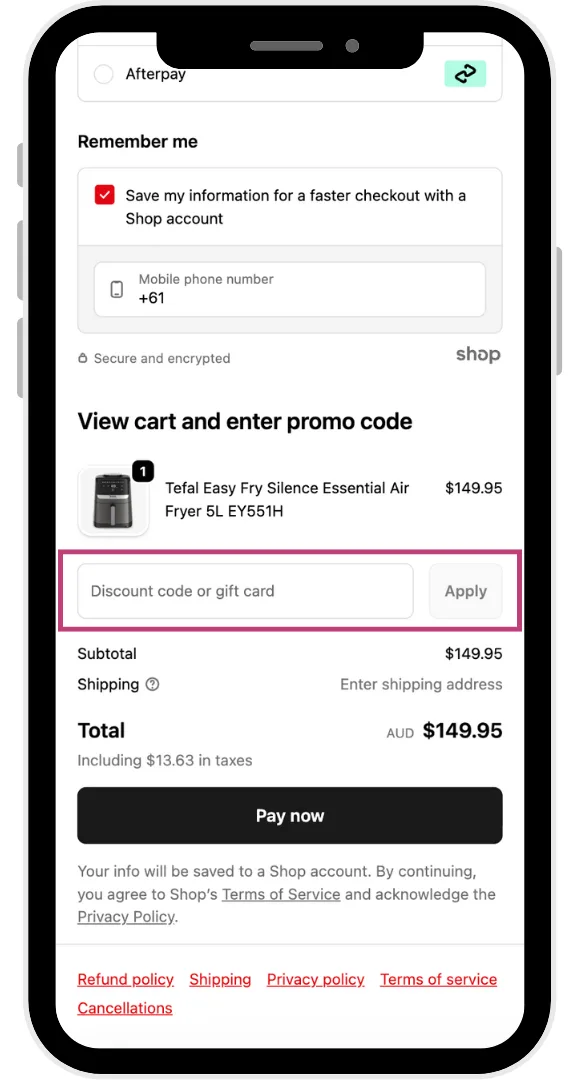 The Tefal discount code field at the checkout