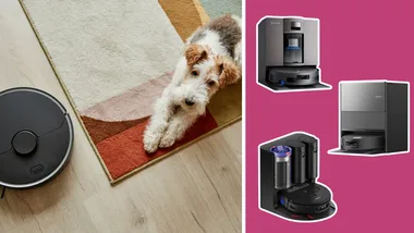 A collage image; on the left, an image on a dog on a multicolour rug with a robot vacuum, on the right three of the best robot vacuums in Australia 2026 sit against a pink background.