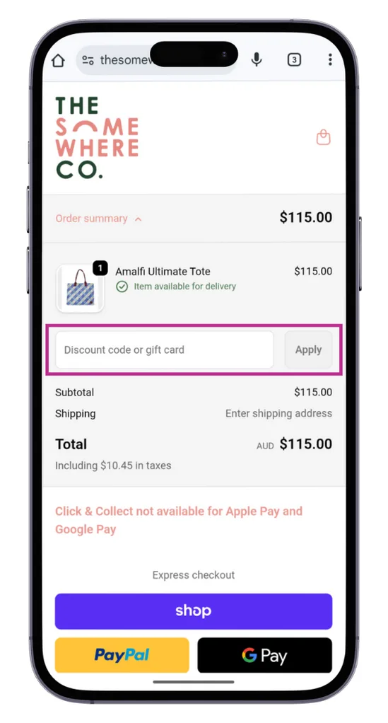 The Somewhere Co discount code field at checkout