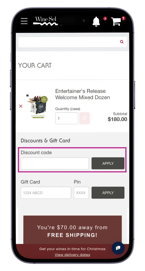 Wine Selectors discount code field at the checkout