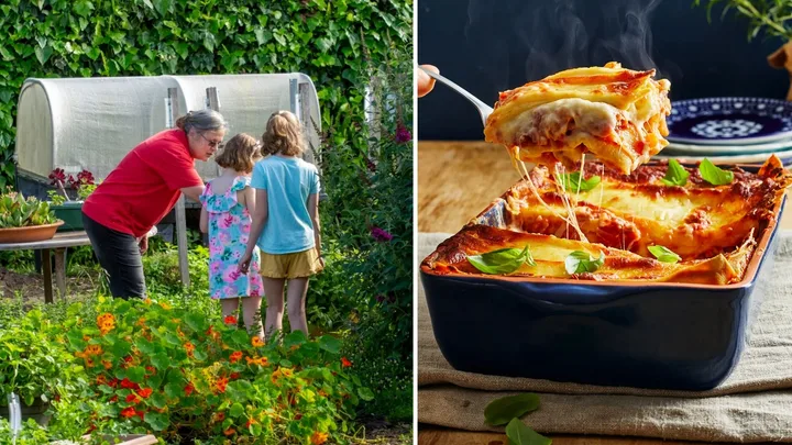 A woman with two kids in a community garden tending to plants and a homemade lasagne that can be shared with someone in need.