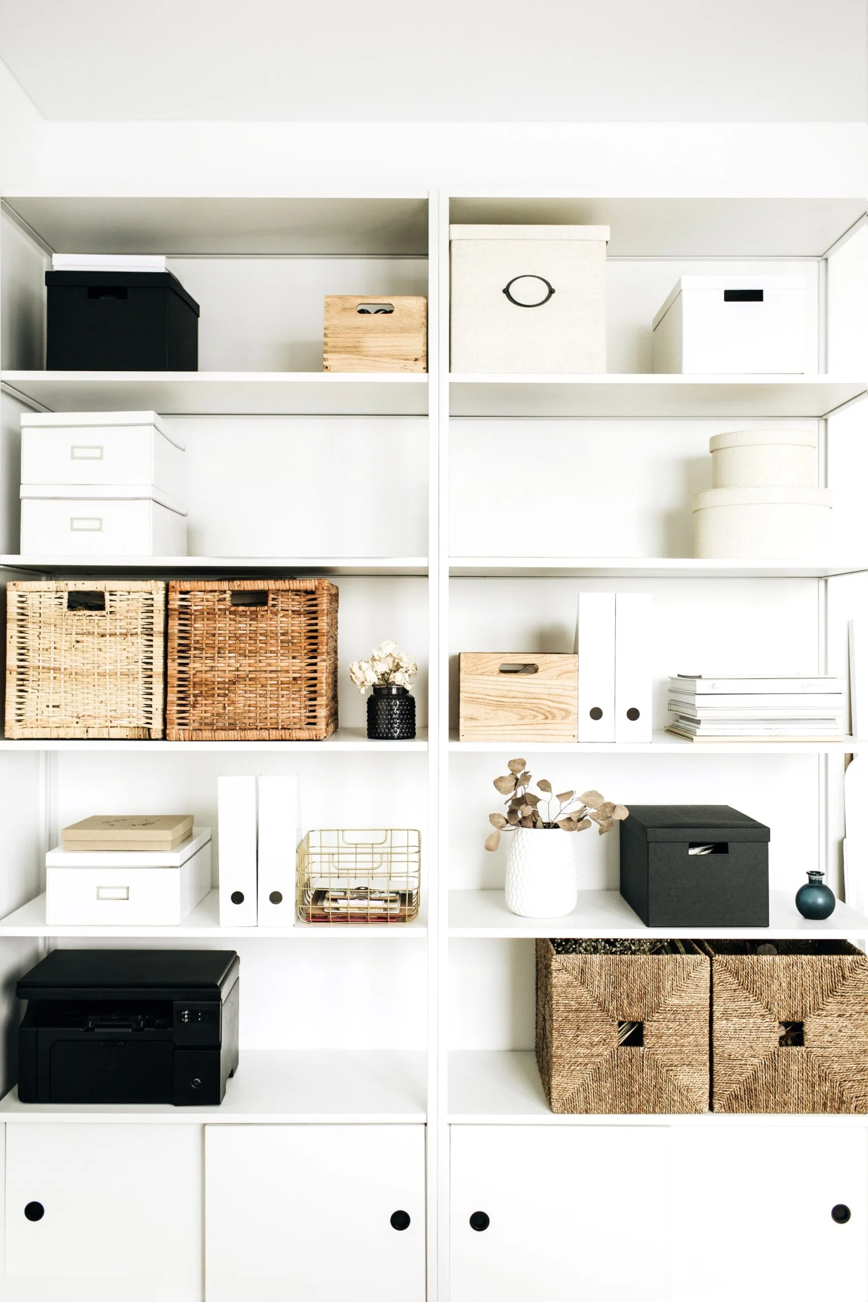 Home office shelving unit with boxes for storing papers