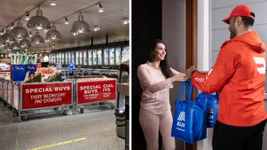 aldi special buys aisle in store with image on right of woman recieving aldi shopping form doordash delivery driver
